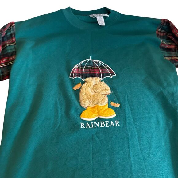 Vintage 90s Night Gear Sweatshirt Nightgown One Size Teddy Rain Bear Plaid Comfy - Picture 10 of 12